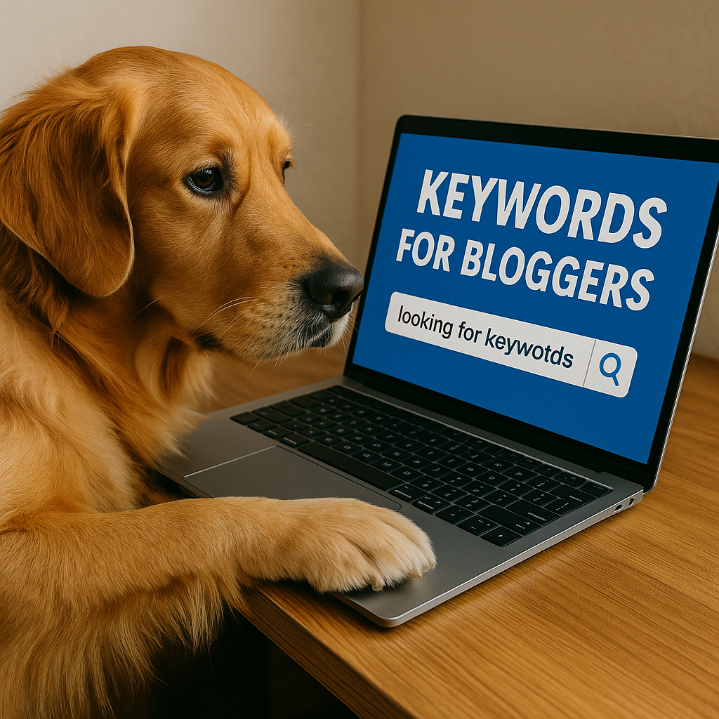 Golden retriever blogging and researching SEO tips — humorous take on keywords for bloggers.
