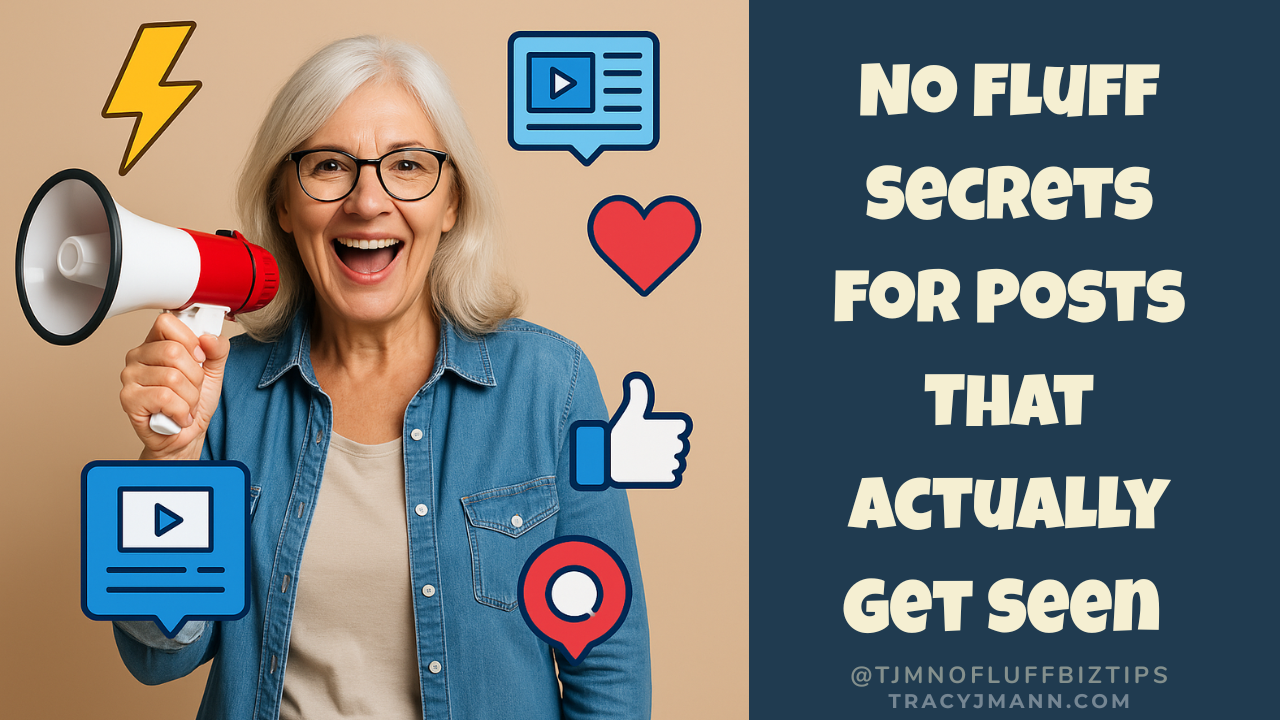 Middle-aged woman holding a red megaphone with social media icons around her, smiling. Text on image reads: “No Fluff Secrets for Posts That Actually Get Seen.”
