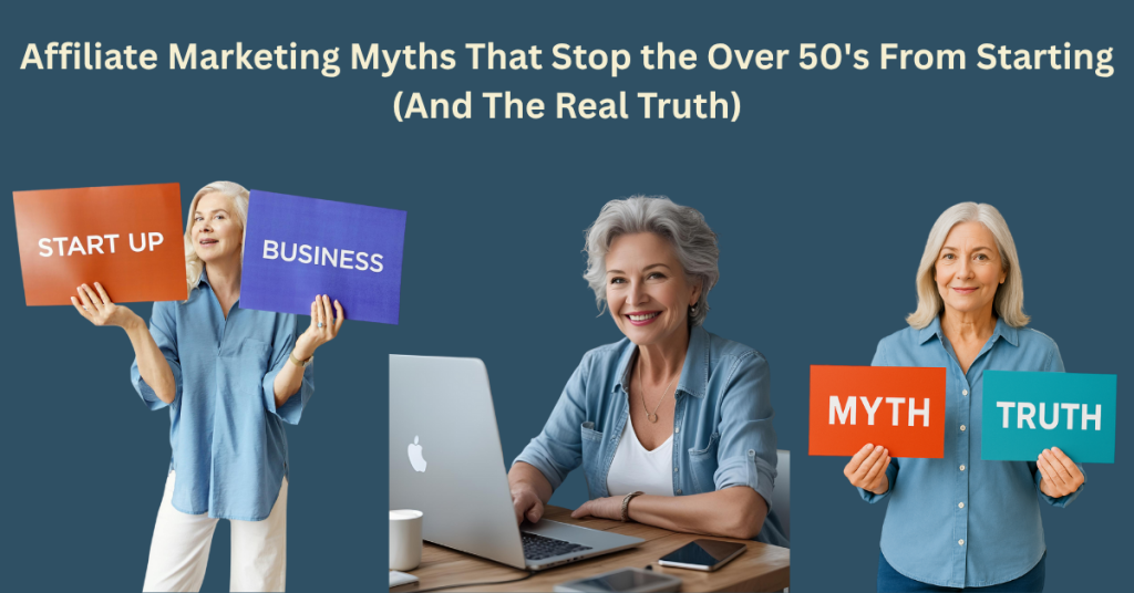 "Confident woman over 50 reviewing affiliate marketing myths and strategies for starting online business