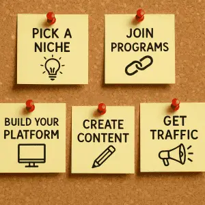 5 steps to make money with affiliate marketing for beginners: pick a niche, join programs, build platform, create content, get traffic