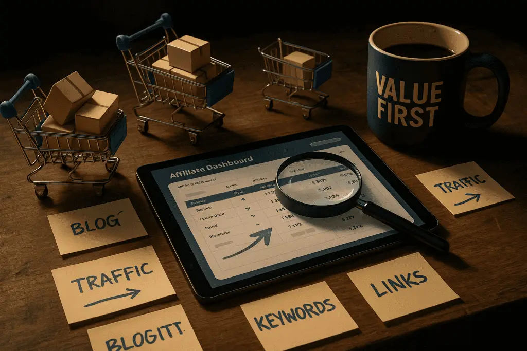 Home workspace with laptop and notes showing how to write affiliate content that sells, coffee mug, and checklist for affiliate blog writing