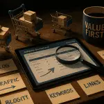 Home workspace with laptop and notes showing how to write affiliate content that sells, coffee mug, and checklist for affiliate blog writing