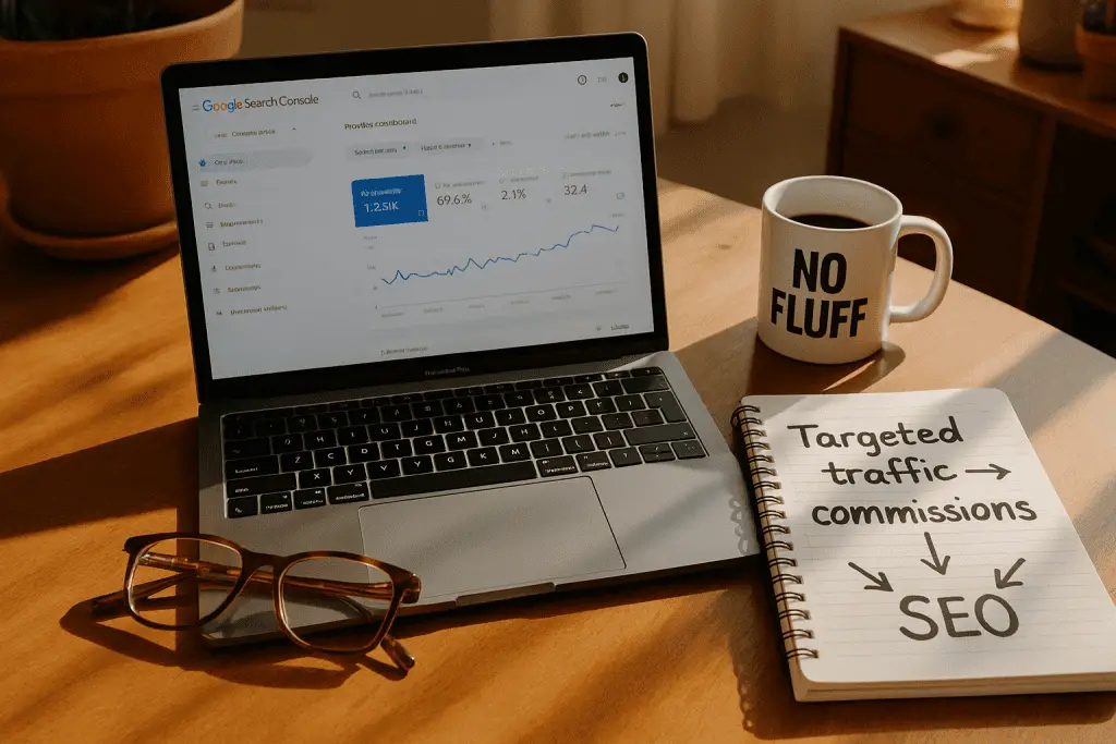 Laptop with Google Search Console, No Fluff mug, and notes on driving targeted traffic to affiliate links using SEO