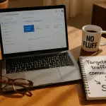 Laptop with Google Search Console, No Fluff mug, and notes on driving targeted traffic to affiliate links using SEO