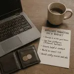 Laptop, coffee cup, wallet with coins, and a handwritten checklist titled 'Affiliate Marketing on a Budget' with tips on choosing a niche, using free platforms, creating content, building an email list, and avoiding costly ads.