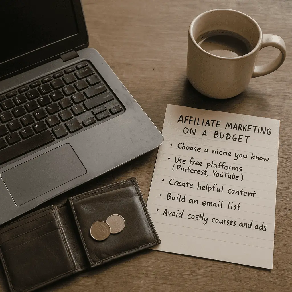 Laptop, coffee cup, wallet with coins, and a handwritten checklist titled 'Affiliate Marketing on a Budget' with tips on choosing a niche, using free platforms, creating content, building an email list, and avoiding costly ads.