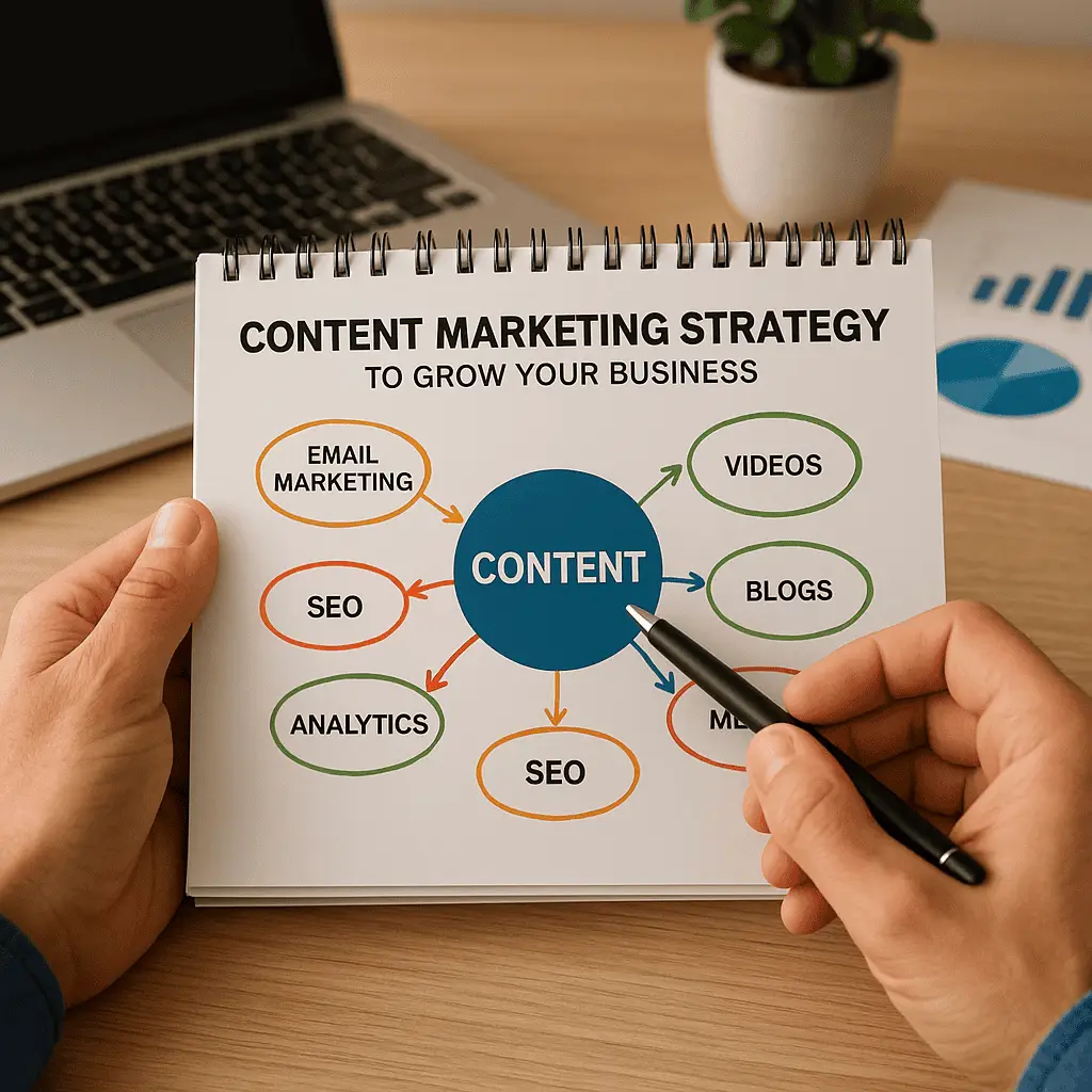 Realistic diagram of content marketing strategy with content at the centre and arrows to SEO, blogs, email, and videos, with a hand pointing
