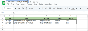 Simple content calendar example showing dates, topics, formats, goals, and status for beginners.