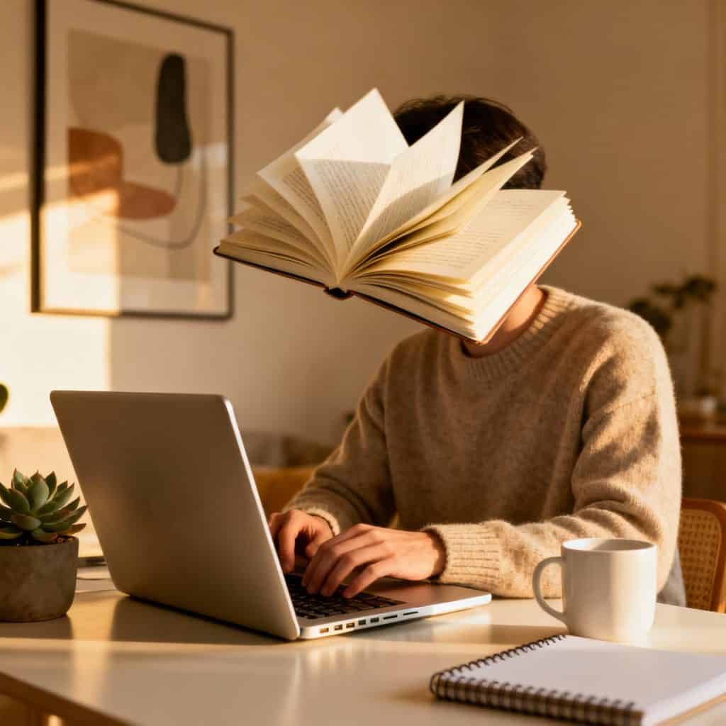 Person working on laptop with face creatively hidden, representing faceless affiliate marketing at home