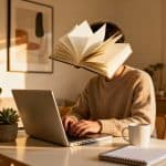 Person working on laptop with face creatively hidden, representing faceless affiliate marketing at home