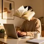 Person working on laptop with face creatively hidden, representing faceless affiliate marketing at home