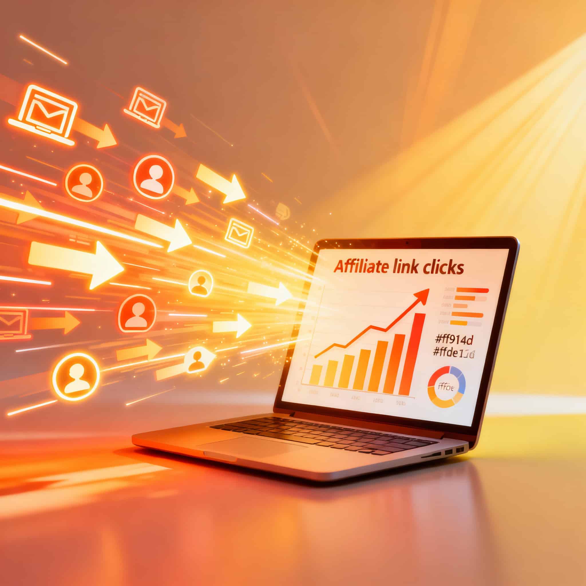 Dynamic glowing arrows flowing toward a laptop screen showing rising traffic, symbolising free affiliate marketing traffic growth