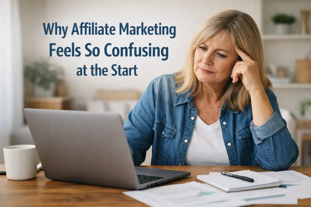affiliate marketing confusion beginner working from home laptop