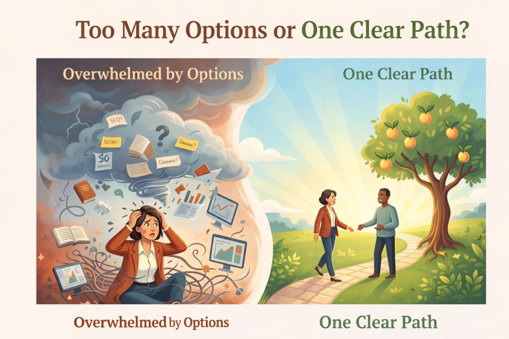 Illustration of a beginner overwhelmed by too many online business options versus one clear path