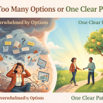 Illustration of a beginner overwhelmed by too many online business options versus one clear path