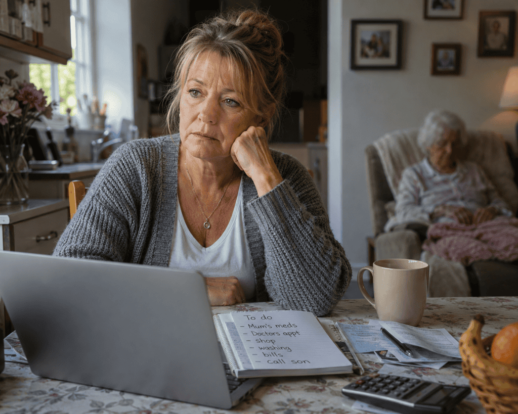 Financial future for home carers — woman at kitchen table worried before sunrise