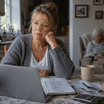 Financial future for home carers — woman at kitchen table worried before sunrise
